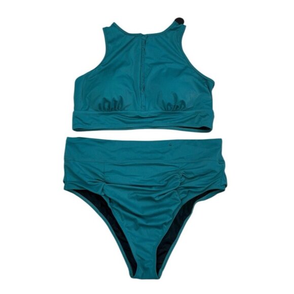 *New Torrid 2 Pc Swimsuit Womens Plus 3 Green High Neck Henley Top Cheeky Brief - Picture 3 of 13